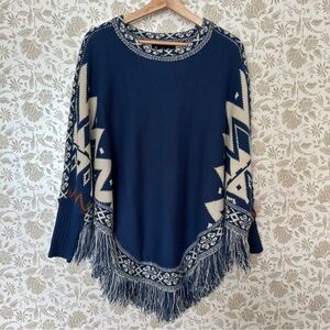 Fantastic Fawn Navy Fringe Poncho Sweater Aztec Knit Size S